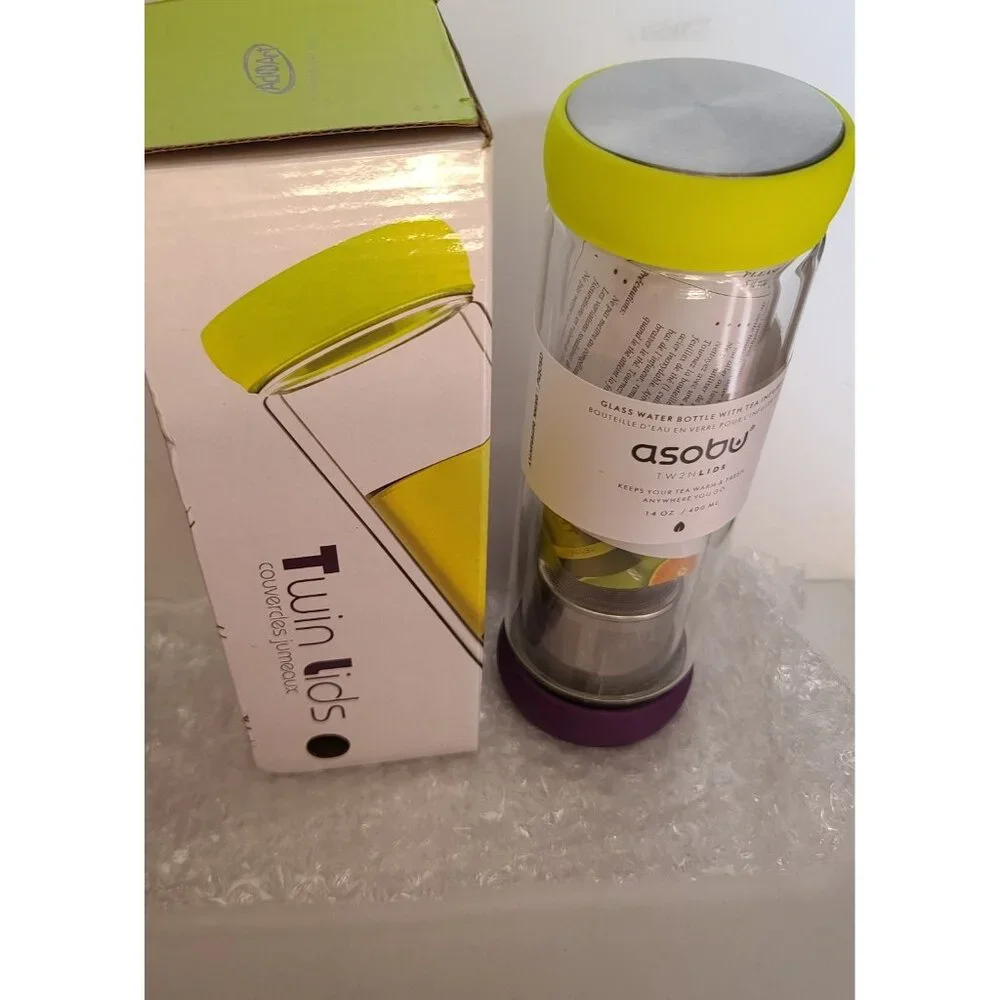 Asobu Twin Lids Glass Water Bottle With Tea Infuser 14 oz Double Walled NEW